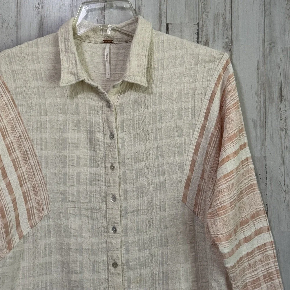 Free People Tunic Top Shirt S Gauzy Button Front Plaid Beachy Summer Boho Casual